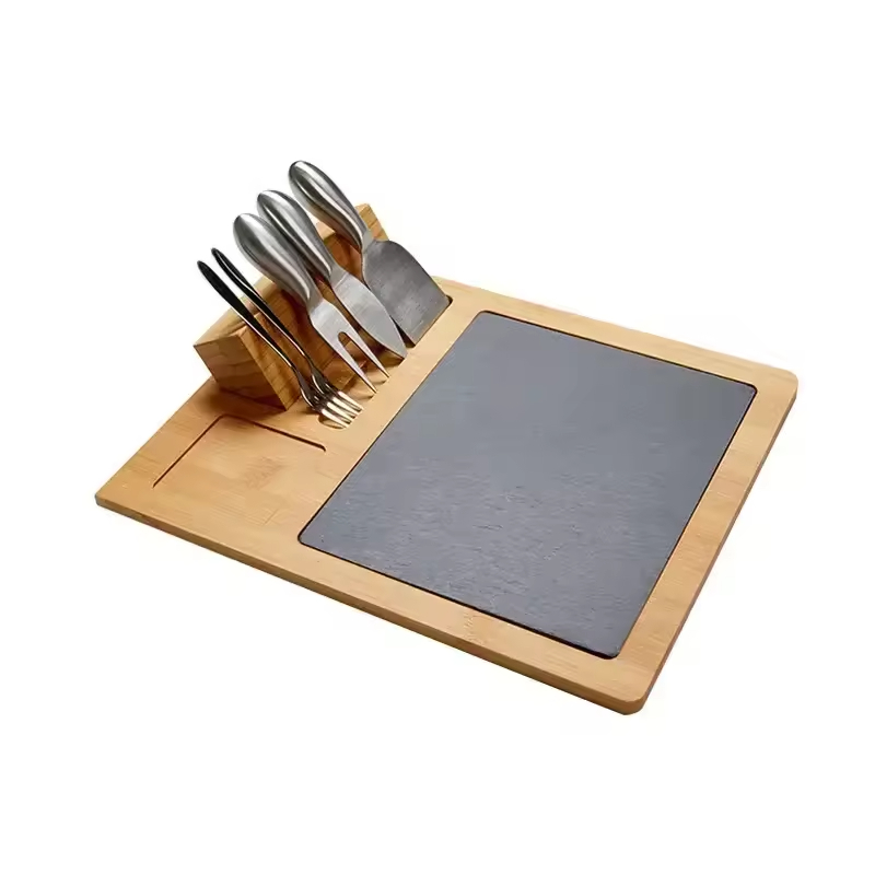 Großhandel Bambuskäse- und Messerset Black Slate Serving Tablett zum Hacken von Nahrung Holz Schneidebrett