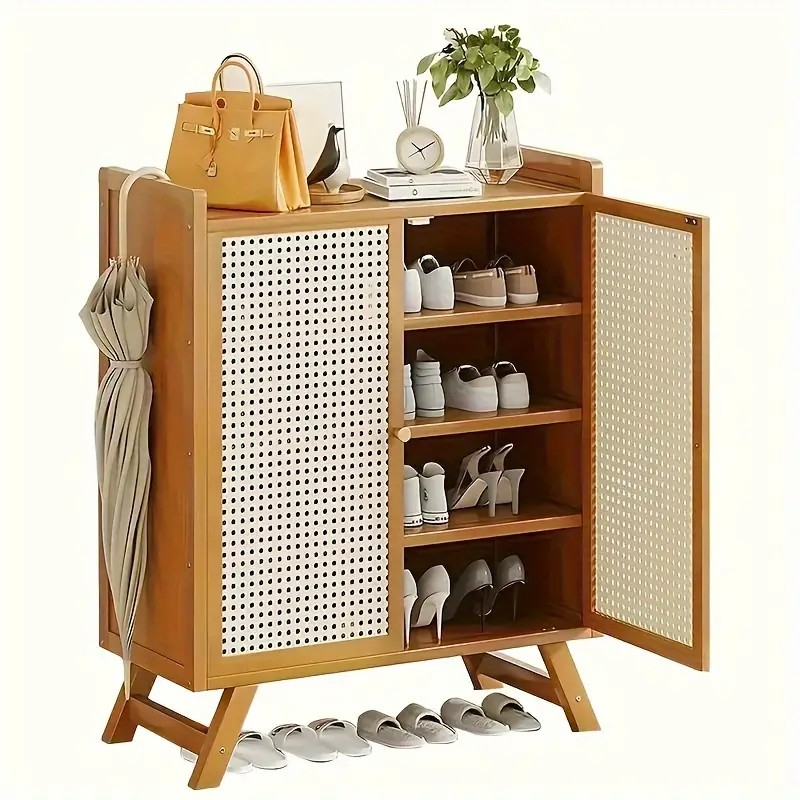Multifunktionalschuhschrank Bambus mit Rattan-Türen