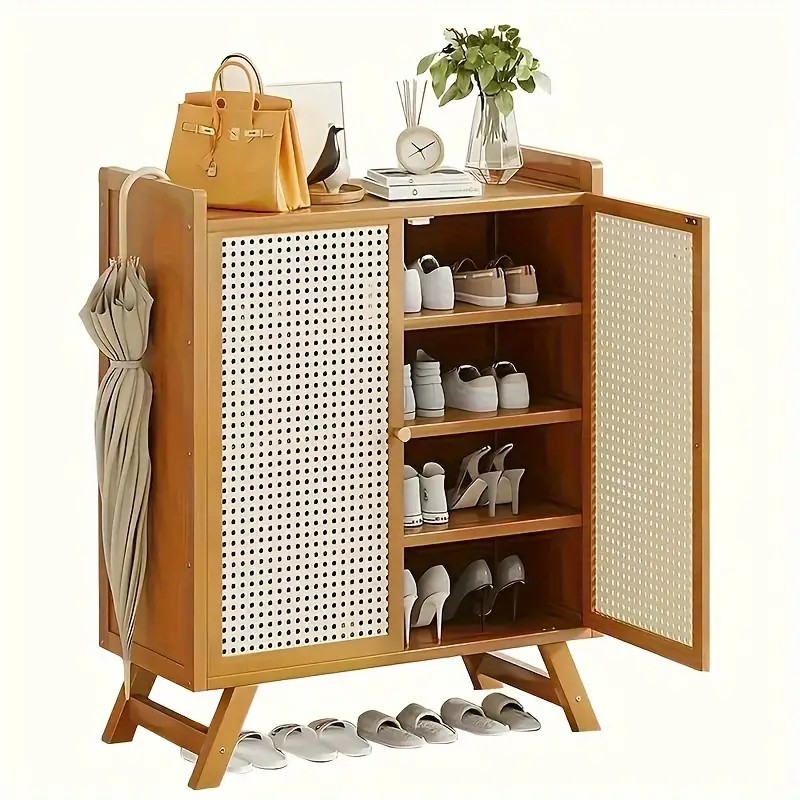 Multifunktionalschuhschrank Bambus mit Rattan-Türen
