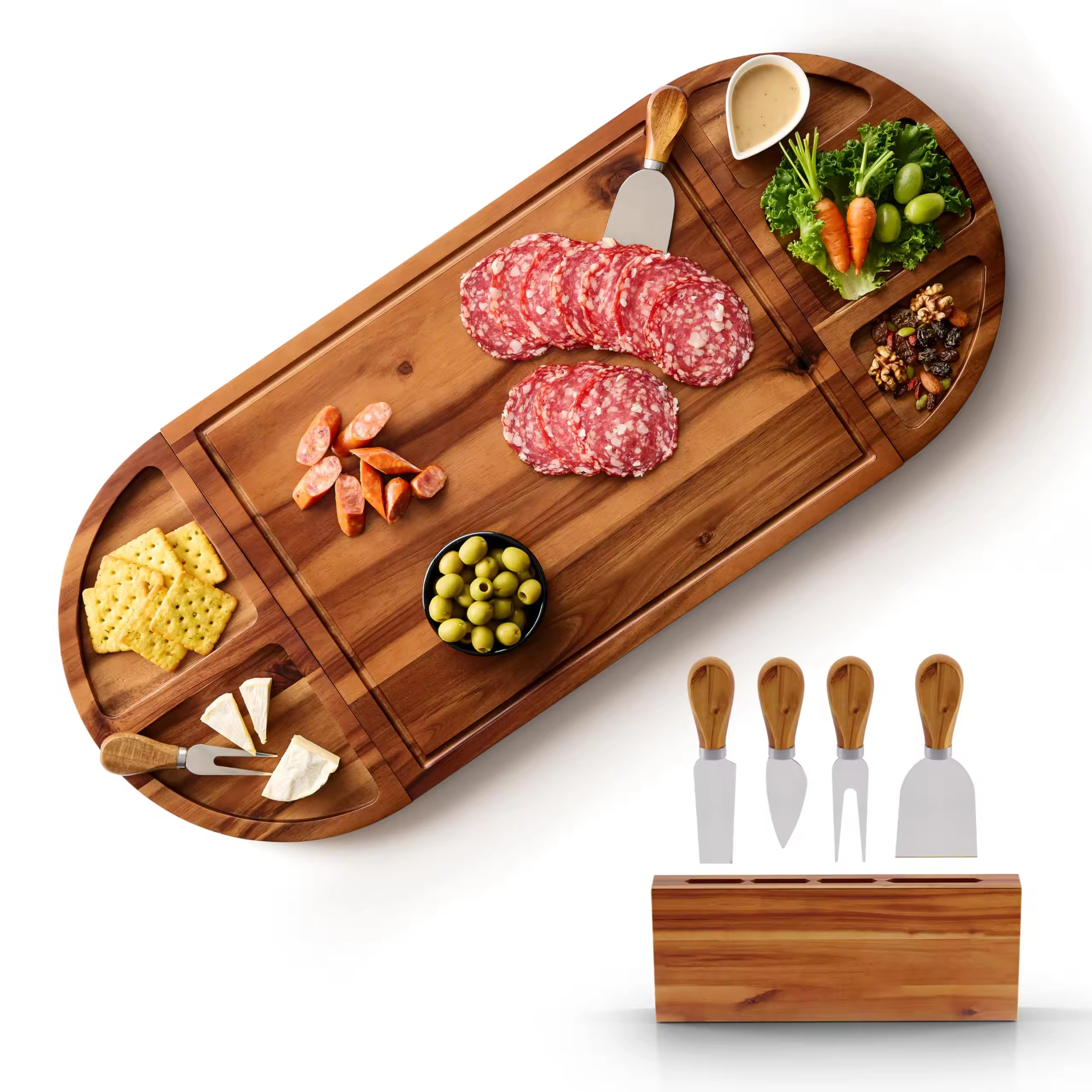 30 Zoll großer Akazienholz -Wurstwarenbrett mit 4 Messern, Magnetisch - 3 Teile Holzrundschale für Käse