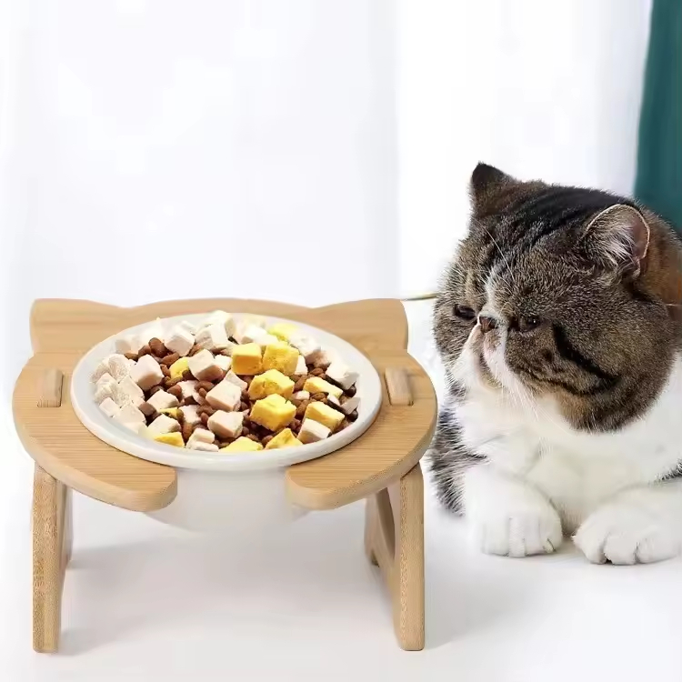 Pet Bowls Cat Dog Bowl Slow Feeder Bambusständer erhöhter Haustierfuttermittel