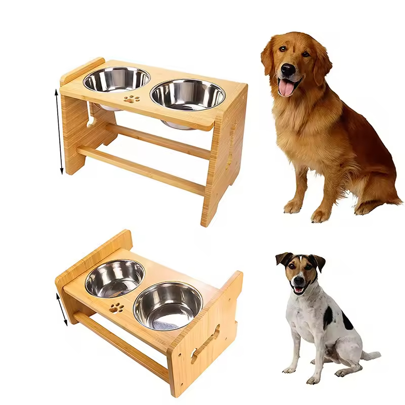 Bambus Double Cat Food Bowl Hunde Schüssel erhöhte Ständer erhöhter Hundefutter für Hunde und Katzen Tierfuttermittel