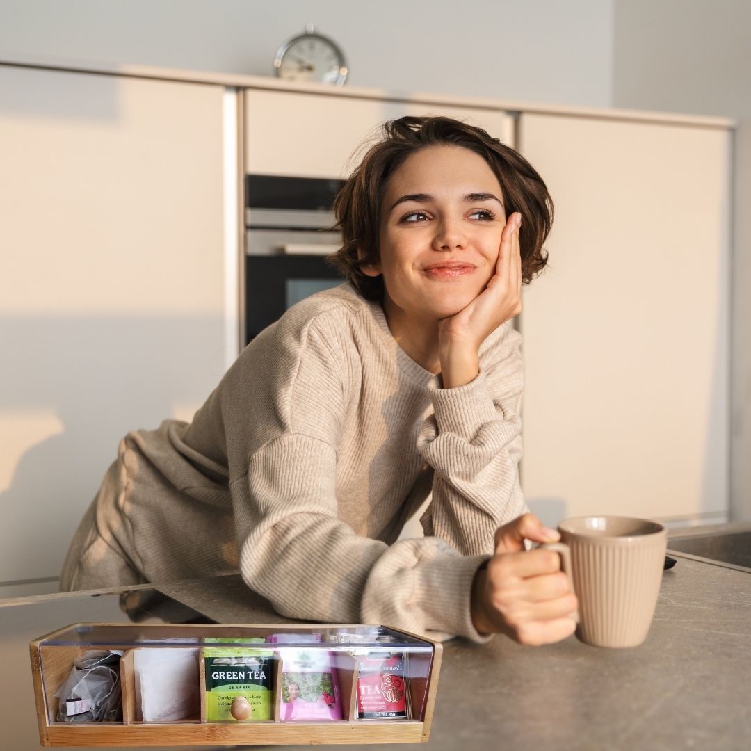 Bambus geteilte Clamshell Tea Box Holzverpackungsschachtel 5 Kisten Aufbewahrung mit transparenten Acryl -Teller -Teebeutel Aufbewahrung