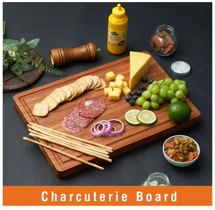 Bio Large Bambusschneidebrett für Fleischkäse Käse -Wurstwarenhackfleischbrett mit Seitengriffen und Saftrillen