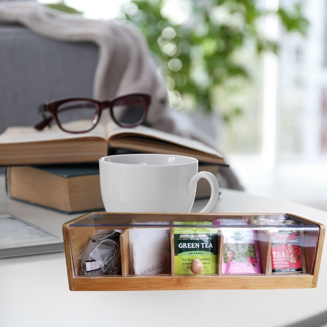 Bambus geteilte Clamshell Tea Box Holzverpackungsschachtel 5 Kisten Aufbewahrung mit transparenten Acryl -Teller -Teebeutel Aufbewahrung