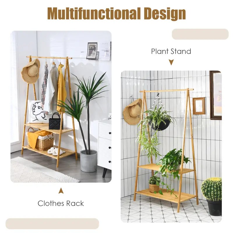 Minimalistische Bambuskleidungsständer mit Regalen