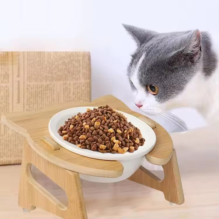 Pet Bowls Cat Dog Bowl Slow Feeder Bambusständer erhöhter Haustierfuttermittel