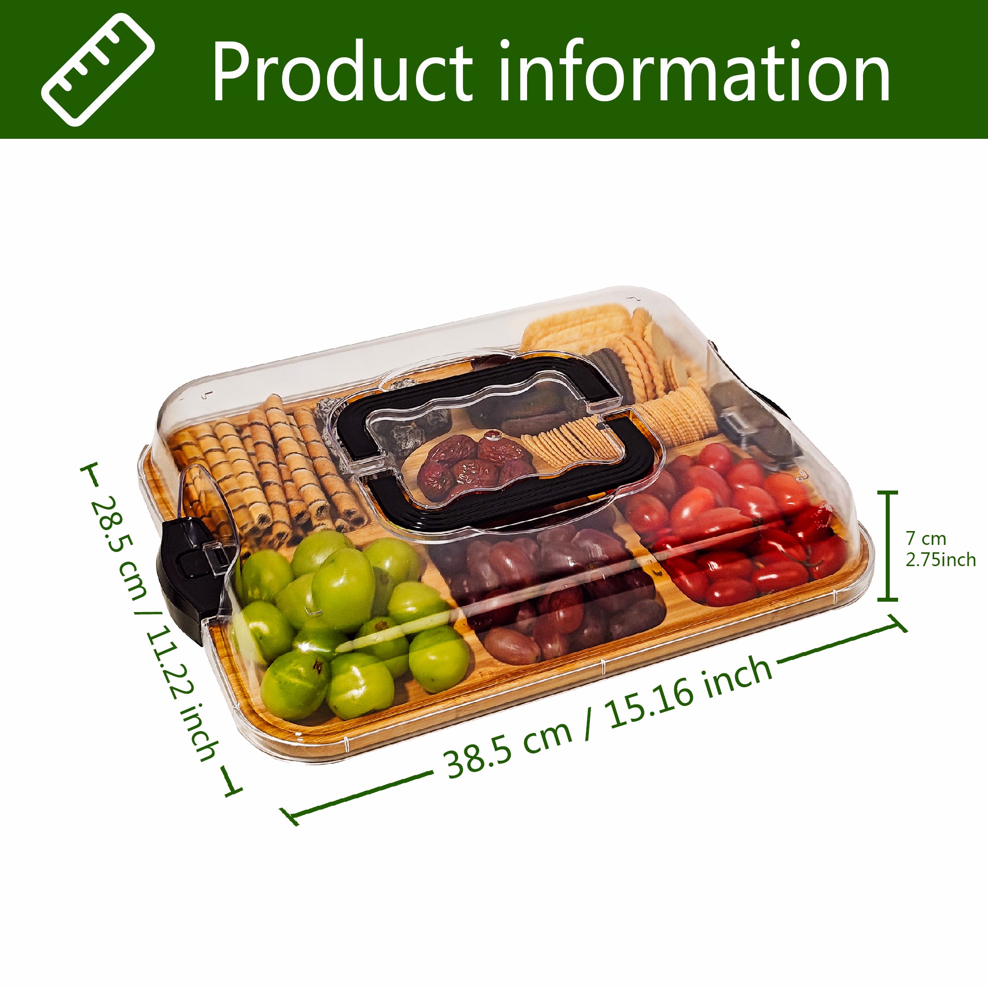 Tragbares Bambus -Snack -Tablettkäse -Käsebrett mit Deckel Bambus Rundkanalkarton mit Fächern und klarer Verriegelungsdeckel