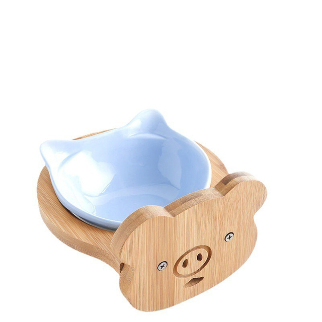 Hölzerne Haustier -Fütterungsschale mit Keramikeinsatz