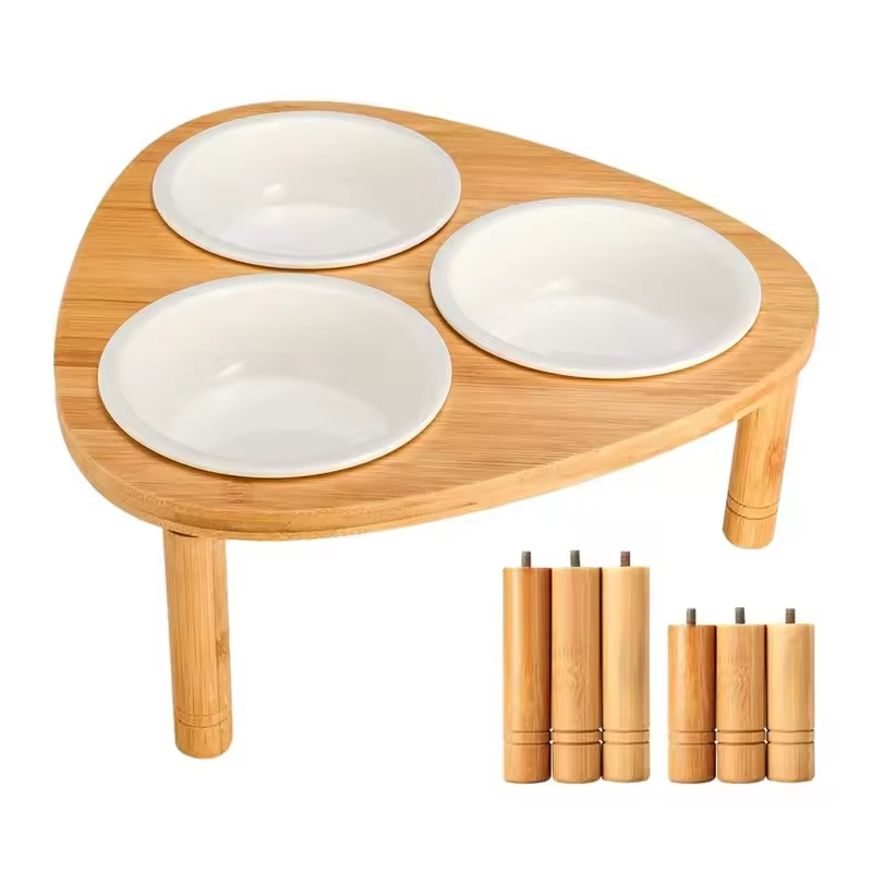 Triple Bowl erhöhte Stand Bambus Haustiere Feeder 