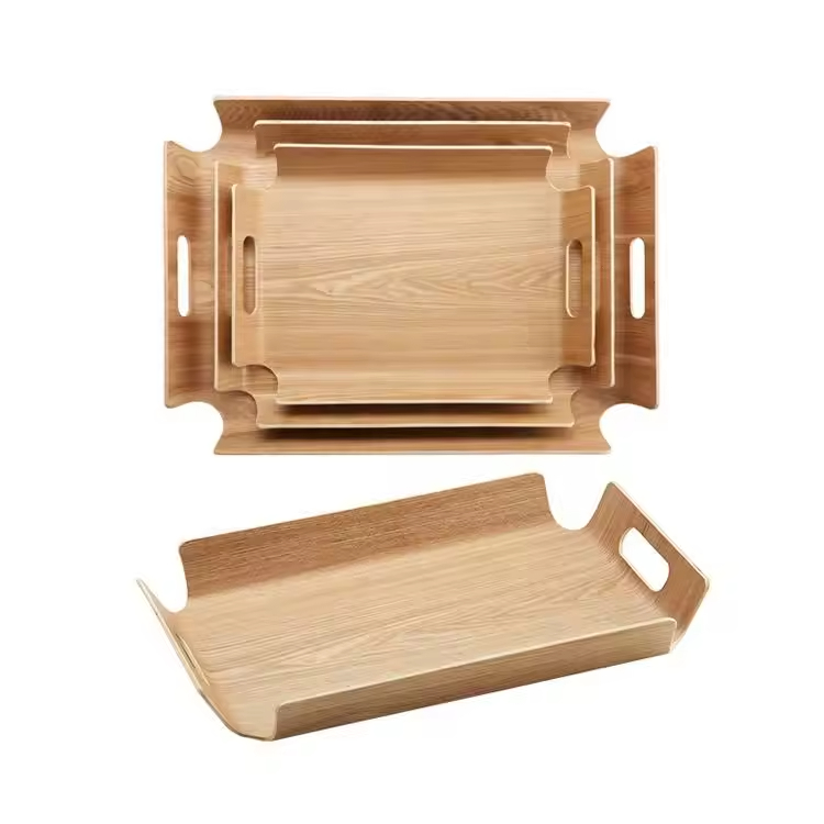 Großhandel gebogene Holz Willow Walnuss Sperrholzschale Holz -Servierschale mit Griff Teller Bäckerei Kaffee Holz Tablett
