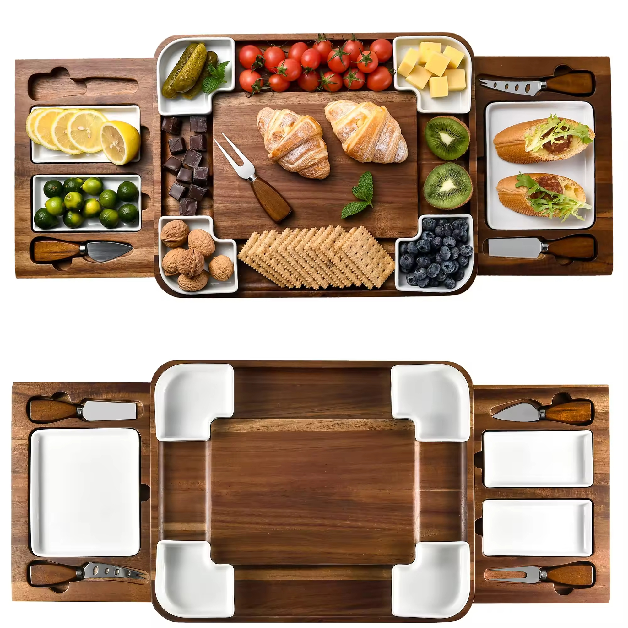 Marmorkäsebrettset mit 3 Keramikschalen Holz & Bambus Edelstahl Besteck für jedes Anlass Geschenk