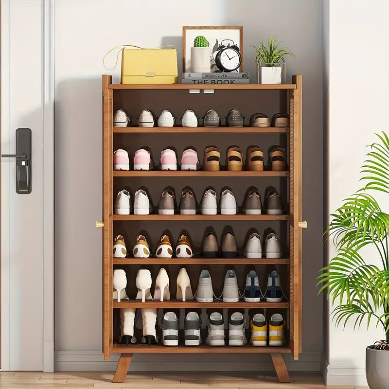 Multifunktionalschuhschrank Bambus mit Rattan-Türen