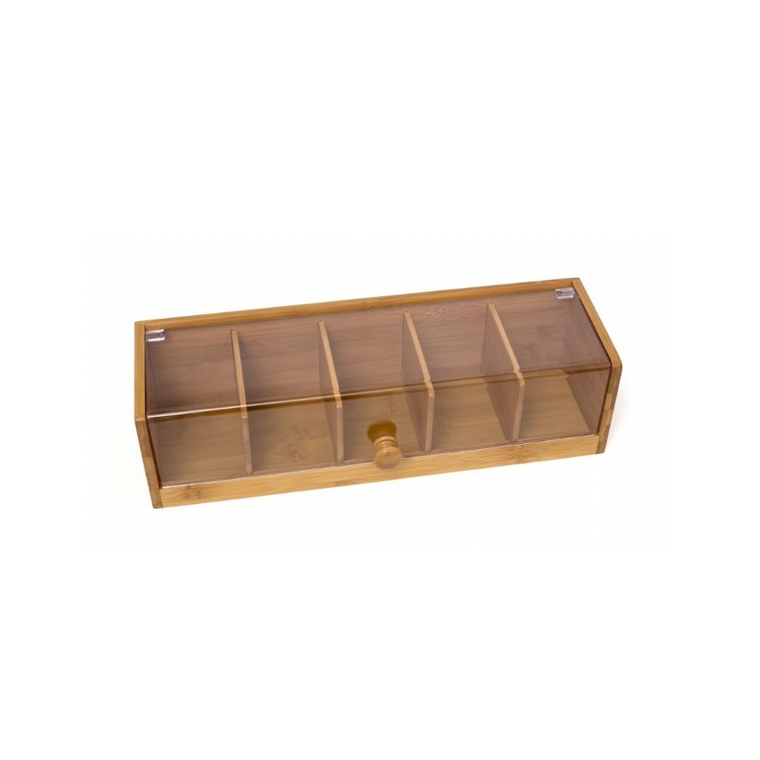 Bambus geteilte Clamshell Tea Box Holzverpackungsschachtel 5 Kisten Aufbewahrung mit transparenten Acryl -Teller -Teebeutel Aufbewahrung